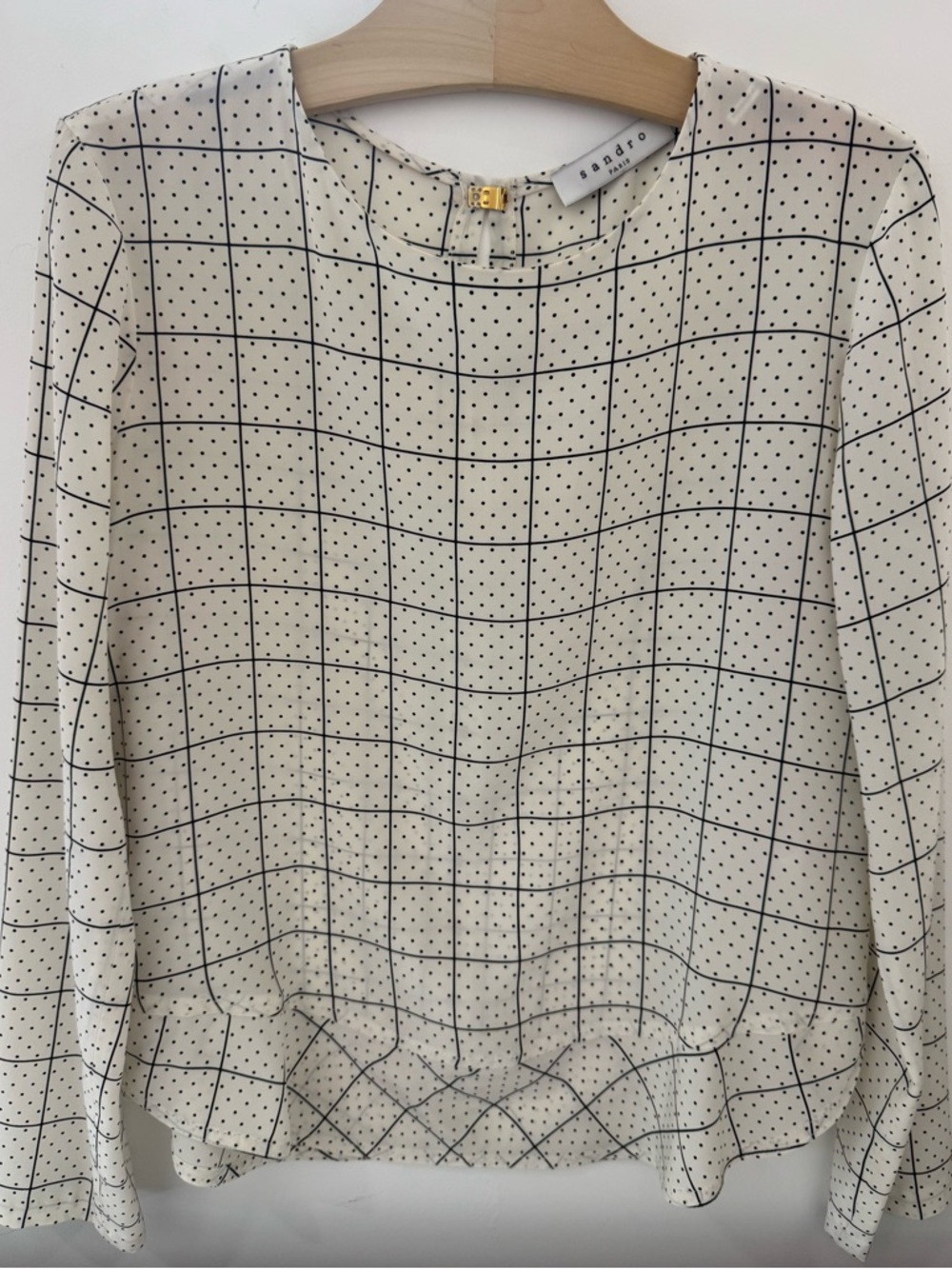 Sandro Silk Blouse in White and Black Grid and Polka Dot Print, size 38 or US 6